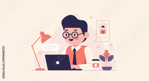 A cheerful cartoon person wearing glasses and a vest sits at a laptop