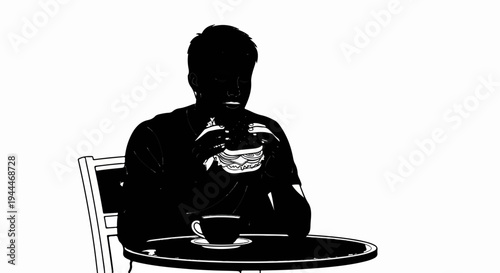 Person in silhouette eating a large sandwich and drinking coffee at a table