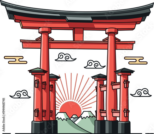 Japanese torii gate with rising sun and mountains vector illustration, traditional Shinto shrine entrance symbol with clouds, cultural Japan landmark design