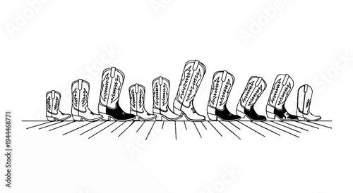 A line of cowboy boots of varying sizes, some black, some white