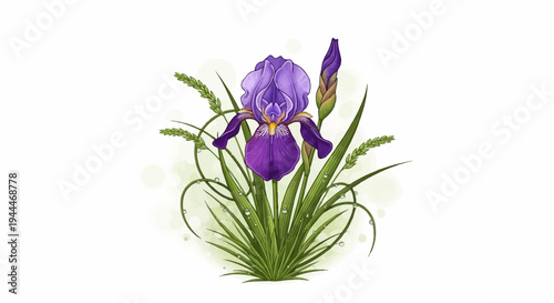A delicate purple iris flower blooms amidst green grass and dew drops