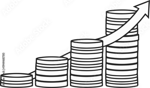 A rising arrow points over stacks of coins, symbolizing financial growth and progress