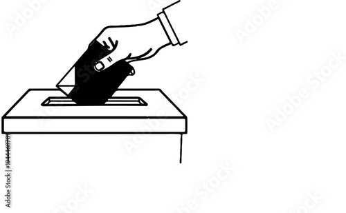 A hand drops a ballot into a voting box, symbolizing democratic participation