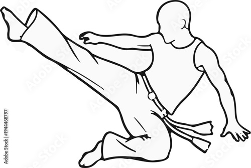 Person in motion, performing a high kick, with a martial arts belt