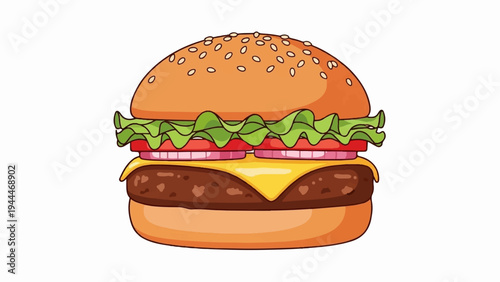 A delicious cartoon hamburger with a sesame seed bun and fresh toppings