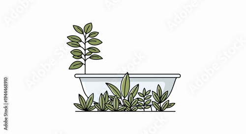 A minimalist illustration of a bathtub filled with lush green plants
