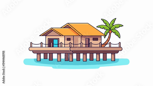 A charming tropical bungalow on stilts with a leaning palm tree