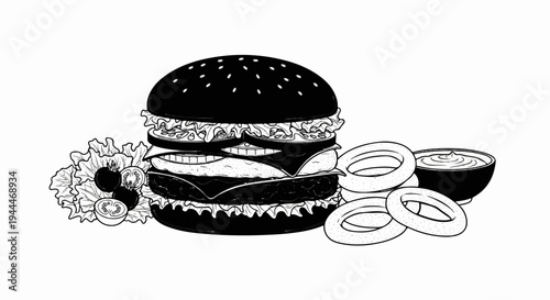 A delicious, tall hamburger with lettuce, tomato, cheese, and onion rings