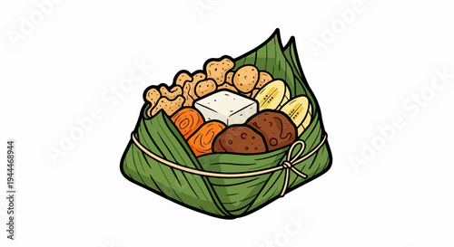 A delightful assortment of sweet treats, including cookies, banana slices, and a block of tofu, wrapped in green leaves