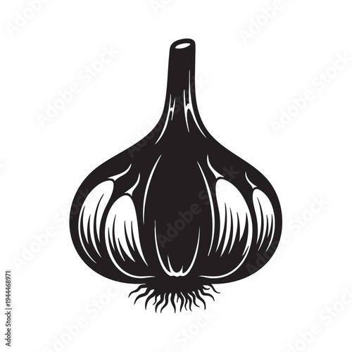 Black garlic bulb silhouette isolated on white background with detailed cloves and root whiskers for culinary designs and organic food branding projects or kitchen decorative elements with clean art