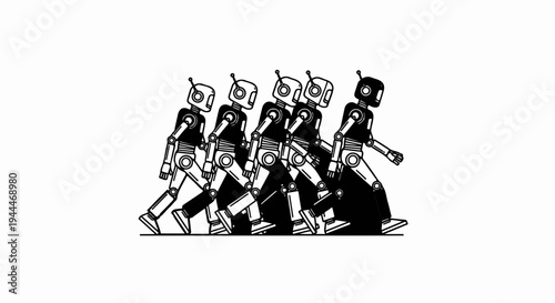 A line of simplified robots marching in unison, rendered in black and white