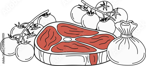Raw meat steak with ripe tomatoes and a bag of produce, illustrated
