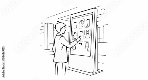 Person interacting with digital display showing clothing items