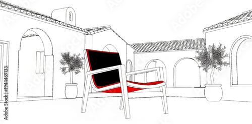 Modern outdoor chair in a courtyard with potted plants and arches