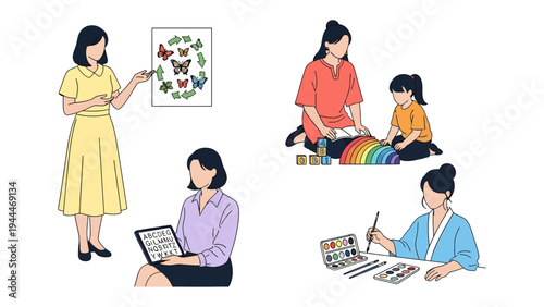 Diverse Educational Activities: A montage showcasing various learning and creative pursuits, including teaching, art creation, and early childhood play, promoting holistic development.