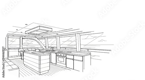 Modern yacht interior with galley, seating area, and panoramic windows