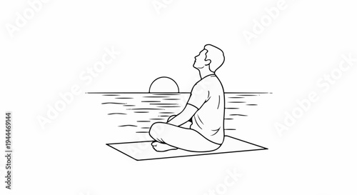 Man meditates by the sea at sunset, seated on a mat