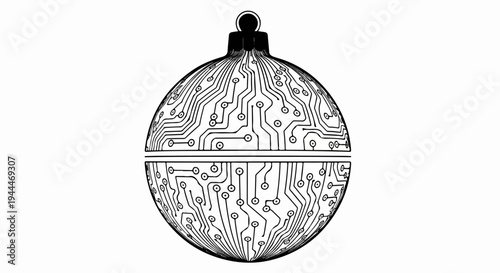 A circular ornament with circuitry patterns and a division in the middle