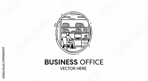 Person working at desk with bookshelf and computer, circular outline