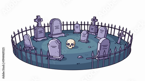 A circular graveyard scene with tombstones, a skull, and a fence