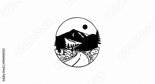 A circular scene shows a winding road through a rocky, tree-filled valley with mountains