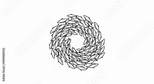 A circular school of fish swim together in a swirling pattern