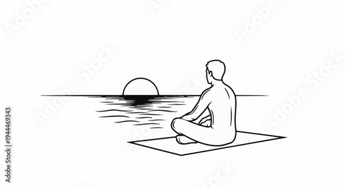 Person meditating by the ocean at sunset on a mat