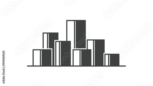 Abstract urban city skyline icon featuring various building shapes to represent architecture, construction, or real estate development.