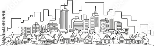 A city skyline with diverse buildings and residential homes below