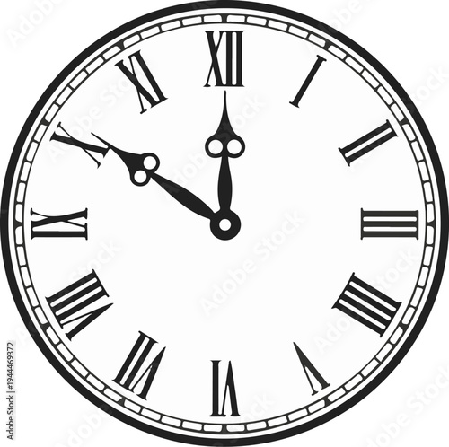 A classic analog clock face with Roman numerals and ornate hands