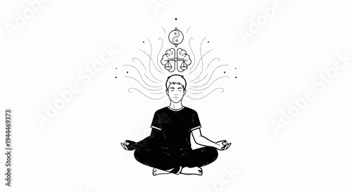 Person meditating, with symbols of mind balance, yin and yang above