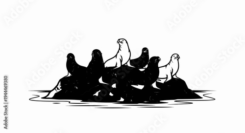 A group of seals sits on dark rocks in the water