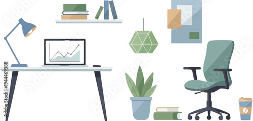 A clean, minimalist workspace with a desk, laptop, chair, and plant