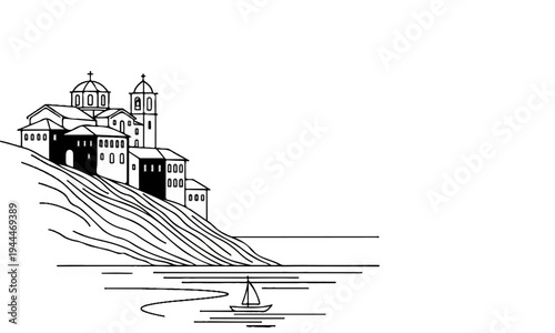 Monastic complex on a steep hill overlooking a serene sea with a sailboat