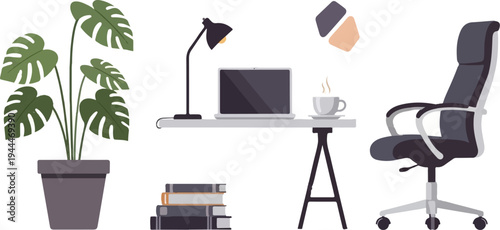 A clean, minimalist home office setup with a plant, desk, laptop, and chair