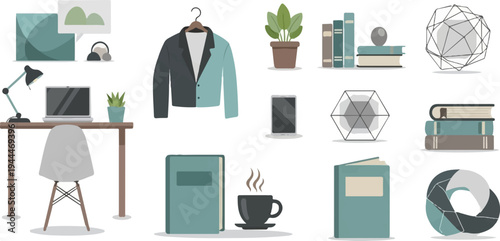 A clean, minimalist workspace with a laptop, chair, desk, plants, books, and geometric art