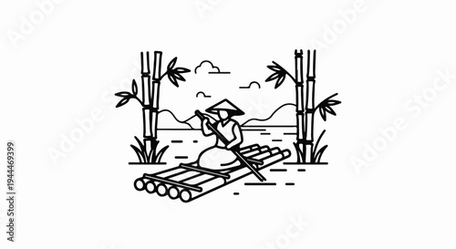 Person on bamboo raft navigates water with mountains and bamboo