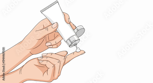 A close-up illustration of hands applying cream from a tube to a fingertip