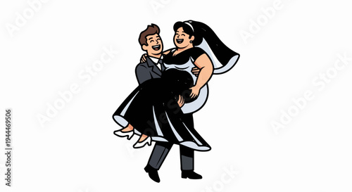 A groom joyfully carries his bride, who is smiling and wearing a veil