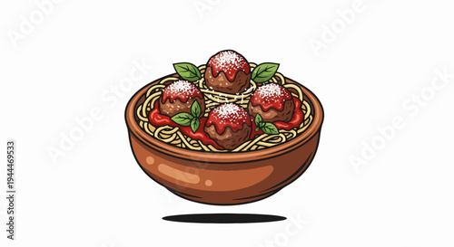 A close-up illustration of spaghetti and meatballs in a bowl, garnished with basil