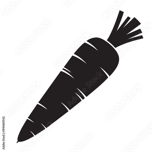 Single carrot silhouette with leafy top isolated on white background for health food campaigns and educational materials for children or supermarket advertising and culinary website graphics usage