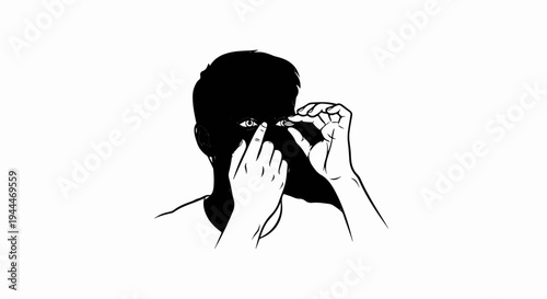 Person placing contact lens in eye, black and white illustration