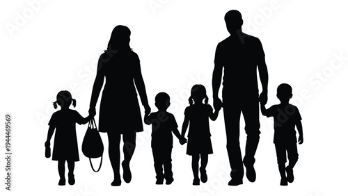 A silhouette of a happy family of five walking together hand in hand on a white background