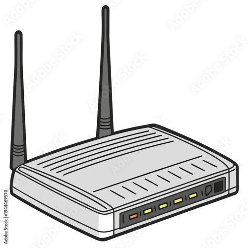 A wireless router with two antennas on top