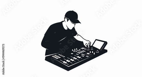 A person wearing a cap is operating a sound mixing console