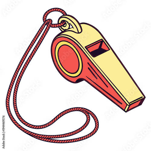 A red and yellow whistle with a cord
