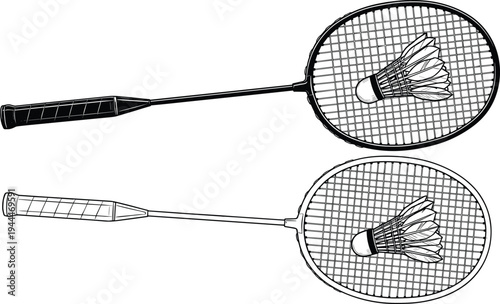 Badminton racket and shuttlecock illustration set, sports equipment vector with detailed racket design, badminton gear outline isolated on white background