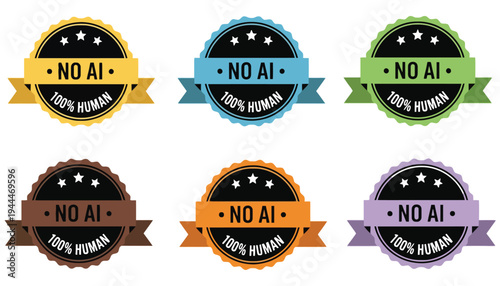 A set of colorful no AI 100 percent human badges and labels