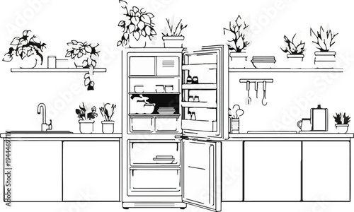 Open refrigerator in a tidy kitchen with plants, sink, and counter space