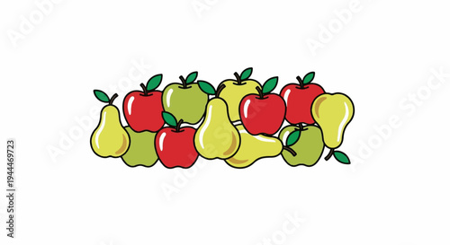 A cluster of red and green apples and yellow pears with leaves